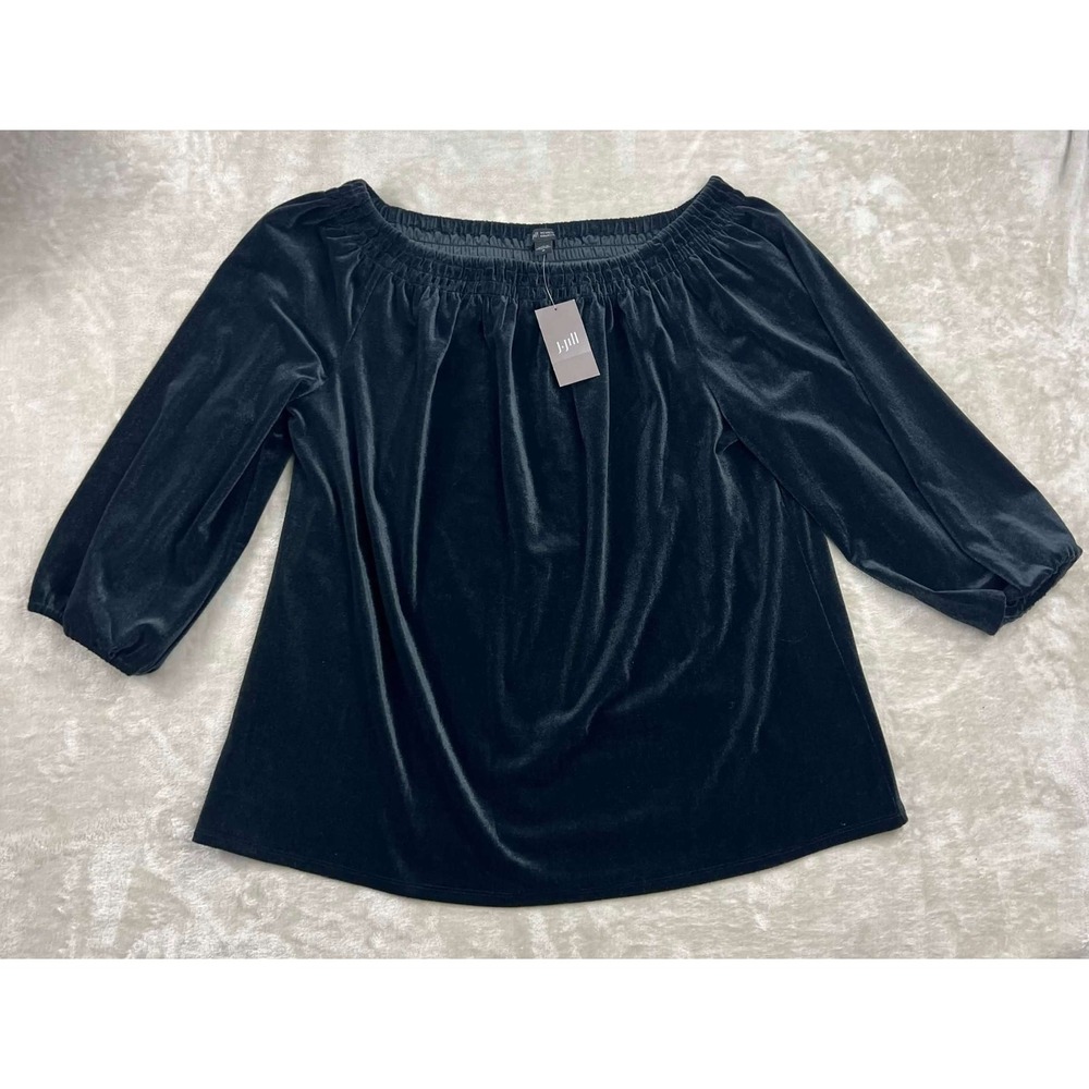 NWT New J. Jill Wearever Black Velvet Smocked Neck 3/4 Sleeve Top Size M